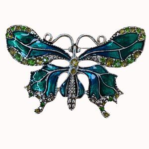 Vintage Monet Butterfly Brooch Green & Blue Enamel Rhinestone Accents Silver Ton